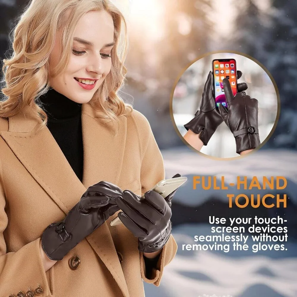 Women's Winter Leather Gloves Texting Warm Driving Lambskin Gloves Brown